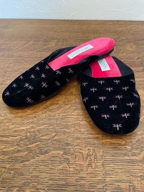 AMY JO GLADSTONE EMBROIDERED DRAGONFLY VELVET SLIP ON LUXE SANDAL SLIPPERS